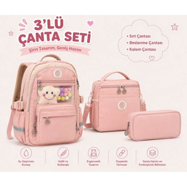 Color Bags B83 3'lü Set Pembe İlkokul Çantası