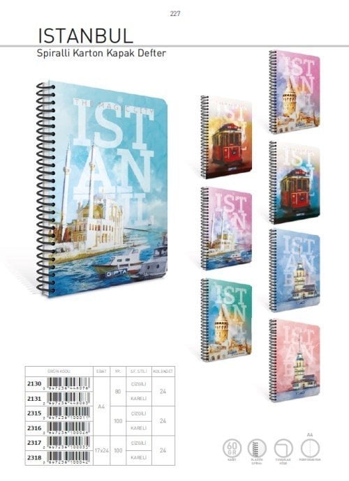 İstanbul XA4 80 Yaprak Kareli Karton Kapak Spiralli Defter 2131