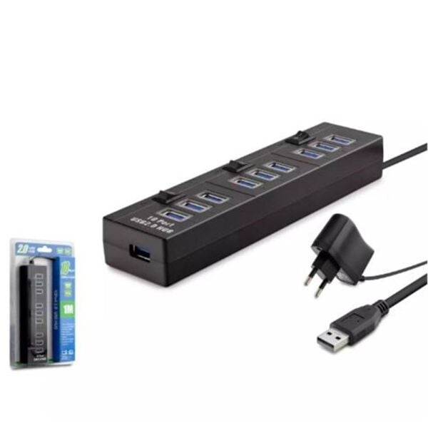 Hadron Hdx7005 Usb Hub 10-Usb 1M Siyah ( Güç Adaptörlü)