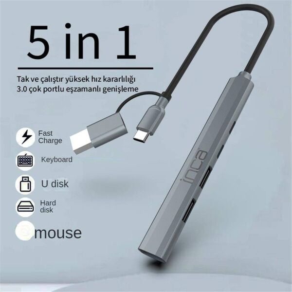 Inca IUTP-06TX 5in1 USB 3.0 + 2xUSB 2.0+Type-C+PD 100W USB+Type-C Çoklayıcı 3.0 ile 5 Gbps