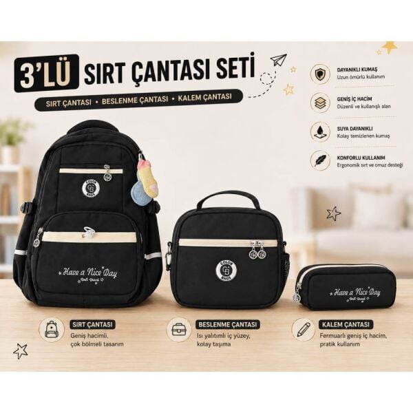 Color Bags B86 3'lü Set Siyah İlkokul Çantası