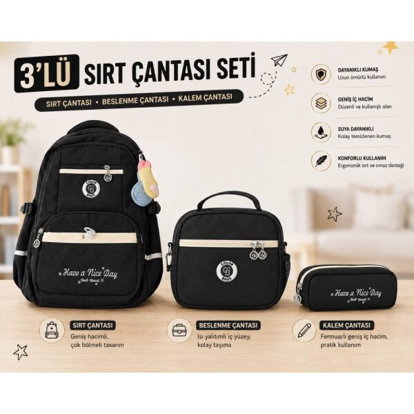 Color Bags B86 3'lü Set Siyah İlkokul Çantası