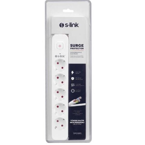 S-link SPG501S 1.5m 1.5mm 100 yüzde  Bakır 750 Joule 5 li Anahtarlı Akım Korumalı Priz