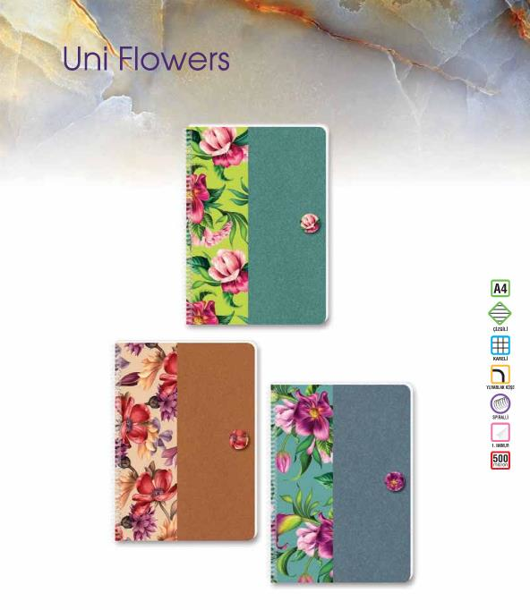 Uni Flowers A4 100 Yaprak Çizgili Plastik Kapak Spiralli Defter 334941