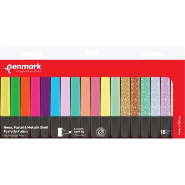 Penmark Fosforlu Kalem Seti 18 Renk 6 Pastel 6 Neon 6 Simli 505