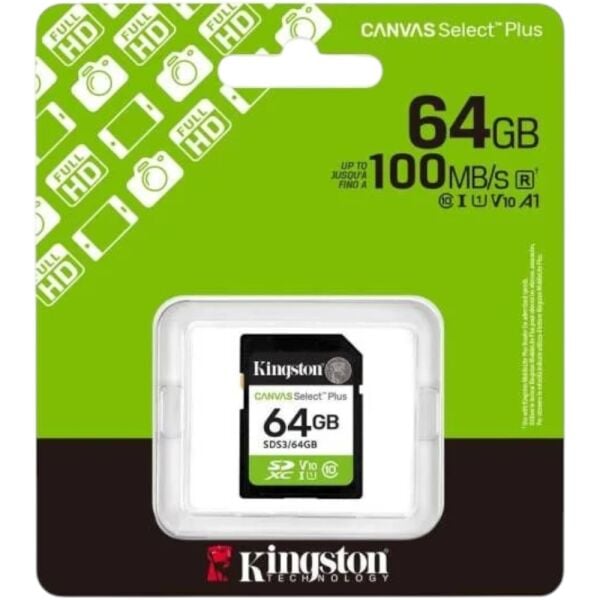 Kingston SDS3-64GB 64GB SDXC Canvas Select Plus Gen3 100MB-s C10 UHS-I U1 V10 Hafıza Kartı