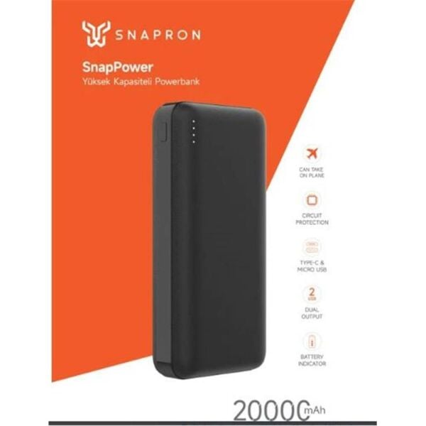 SNAPRON Snp 3002 Siyah Powerbank 20.000 Mah. Hızlı Şarj Özellikli. Usb Kablo Dahil