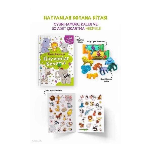 Hayvanlar Boyama Kitabı Oyun Hamuru ve Çıkartma Hediyeli