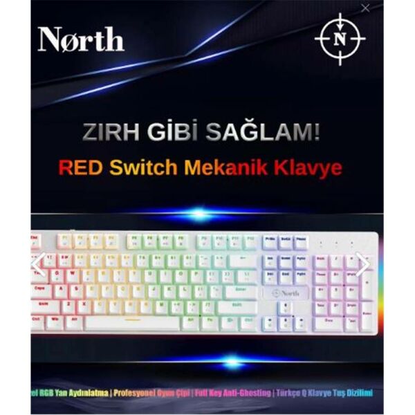 North Shield White Red Switch Türkçe Q RGB Beyaz Mekanik Gaming Klavye