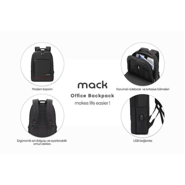 Mack MCC-007 17.3'' Office USB Girişli Notebook Sırt Çantası Siyah (Dahili USB Şarj Portu)