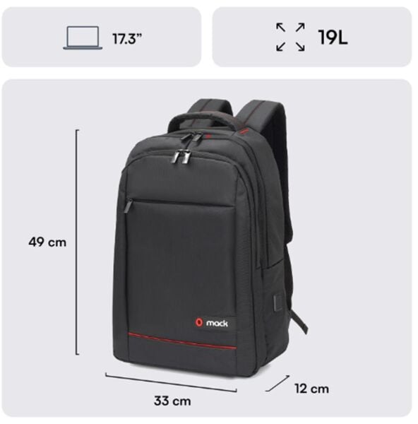 Mack MCC-007 17.3'' Office USB Girişli Notebook Sırt Çantası Siyah (Dahili USB Şarj Portu)