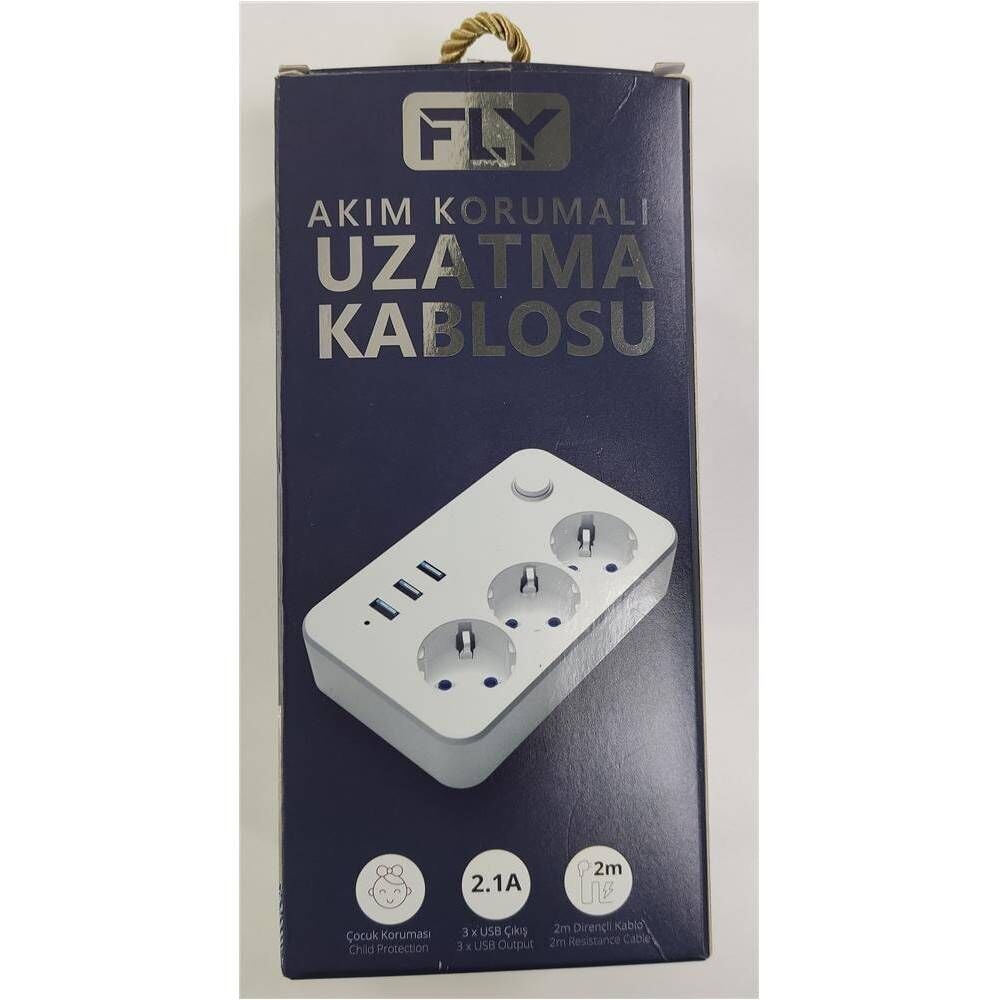Fly 3406-01 3lü Anahtarlı 2.1A 3Usb Şarj Çıkışı 2mt Anahtarlı  Akım Korumalı Priz Çocuk Koruması