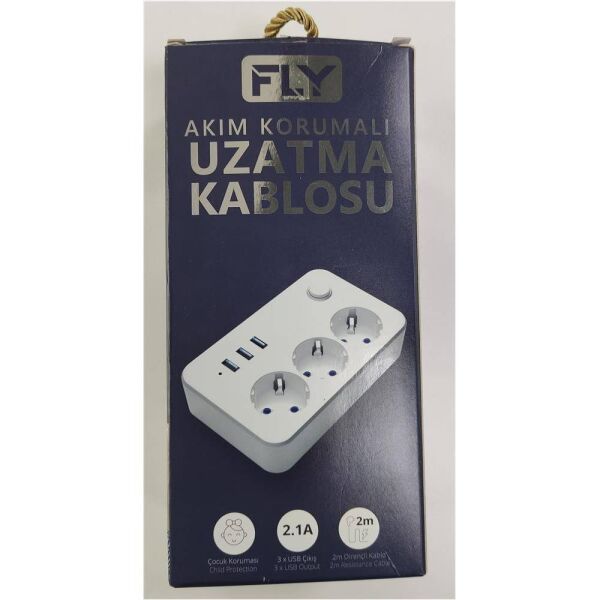 Fly 3406-01 3lü Anahtarlı 2.1A 3Usb Şarj Çıkışı 2mt Anahtarlı  Akım Korumalı Priz Çocuk Koruması