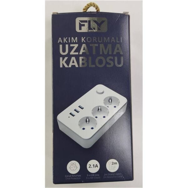 Fly 3406-01 3lü Anahtarlı 2.1A 3Usb Şarj Çıkışı 2mt Anahtarlı  Akım Korumalı Priz Çocuk Koruması