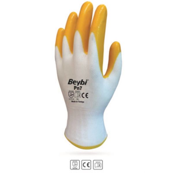 Beybi Nitril Poly PN7 9 Beden Beyaz Sarı Eldiven 12li Paket
