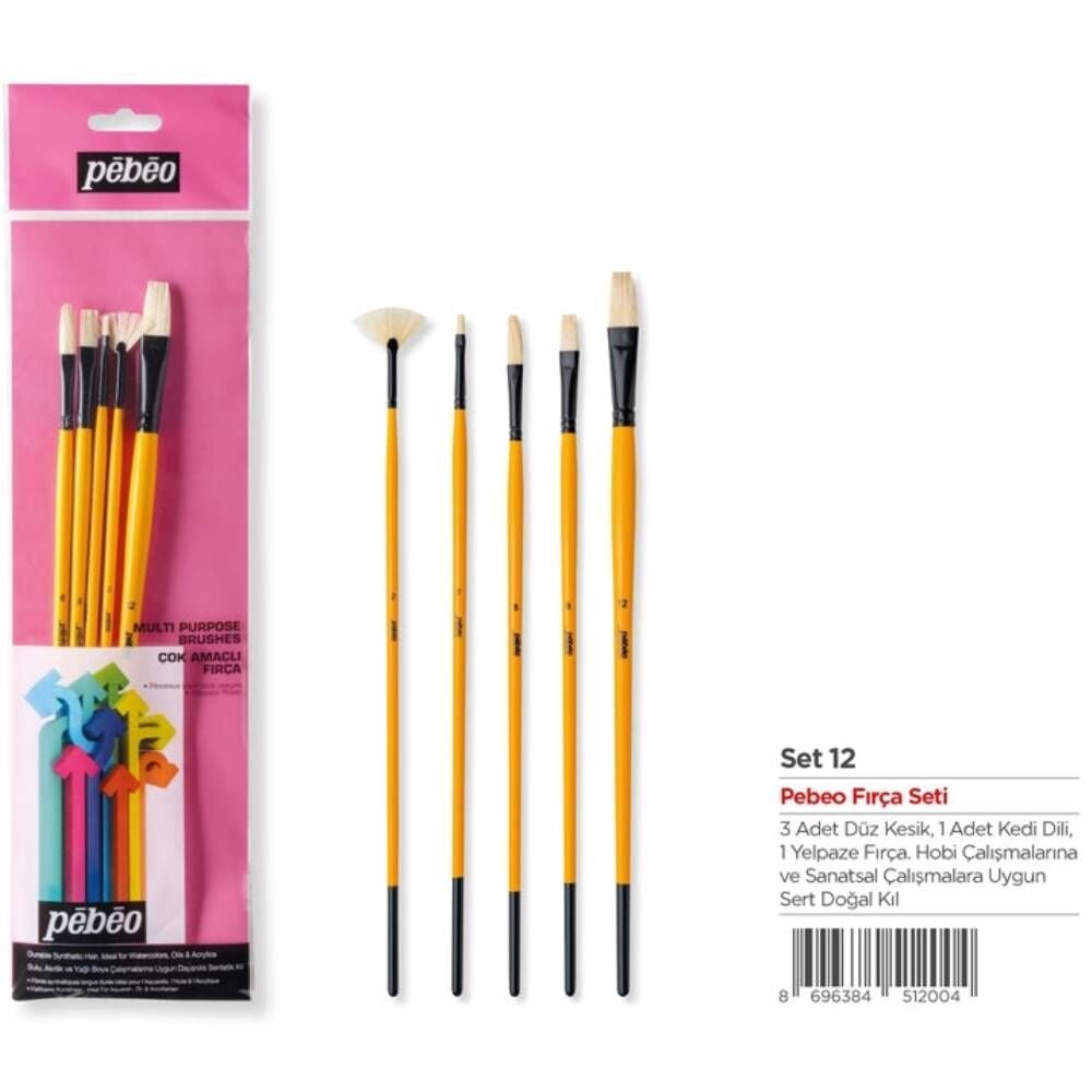 Pebeo Fırça Seti Set-12 5 Li Yağlı Boya No:2-6-8-12 +Yelpaze Fırça No.2