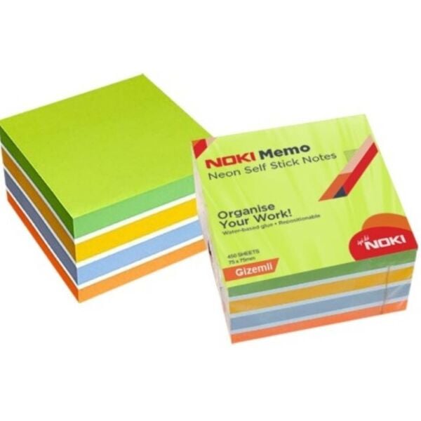 Noki Memo Yapışkanlı Küp Not 75X75 450 Yp 12014-22 Neon Gizemli
