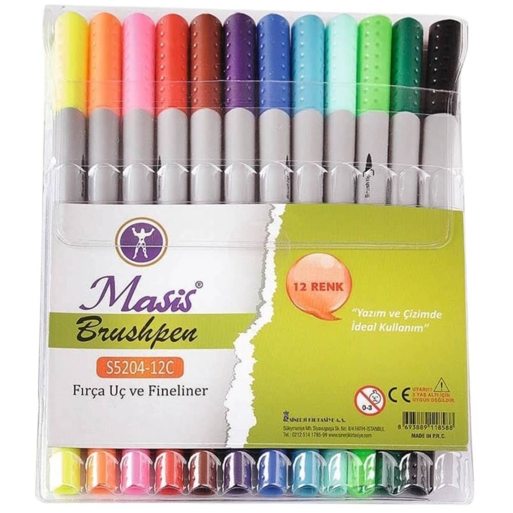 Masis Brushpen Fırça Uç 12 Renk Fineliner Kalem