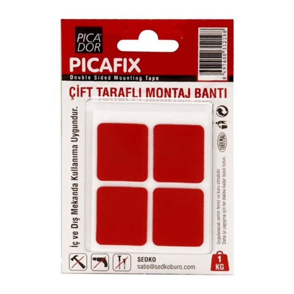 Picador Çift Taraflı Montaj Bandı Kare Kırmızı İç Ve Dış Cephe