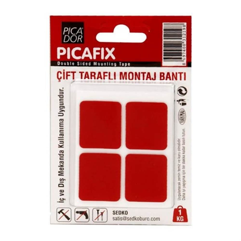 Picador Çift Taraflı Montaj Bandı Kare Kırmızı İç Ve Dış Cephe