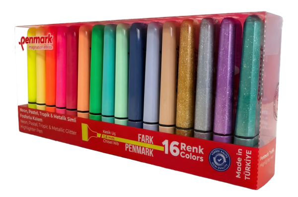 Penmark 4 Neon + 4 Tropik + 4 Simli + 4 Pastel 16'lı Fosforlu Kalem Seti