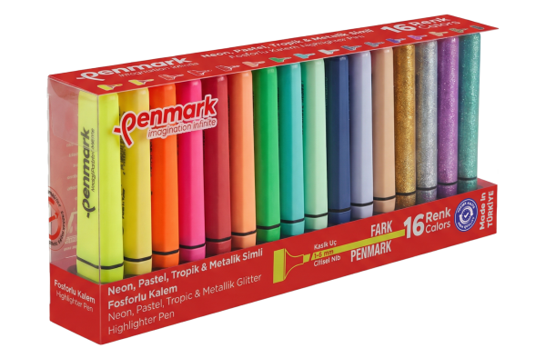 Penmark 4 Neon + 4 Tropik + 4 Simli + 4 Pastel 16'lı Fosforlu Kalem Seti