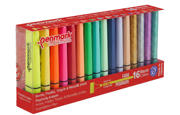 Penmark 4 Neon + 4 Tropik + 4 Simli + 4 Pastel 16'lı Fosforlu Kalem Seti