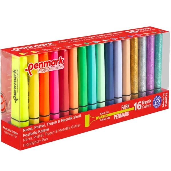 Penmark 4 Neon + 4 Tropik + 4 Simli + 4 Pastel 16'lı Fosforlu Kalem Seti