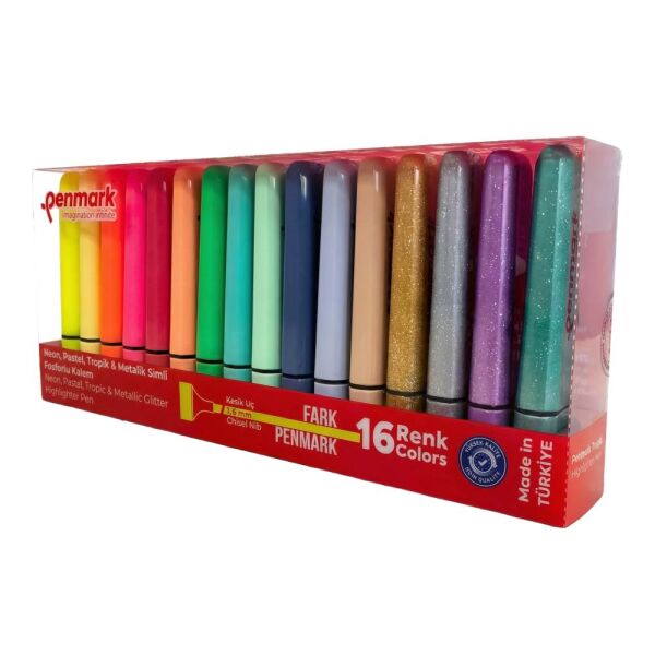 Penmark 4 Neon + 4 Tropik + 4 Simli + 4 Pastel 16'lı Fosforlu Kalem Seti