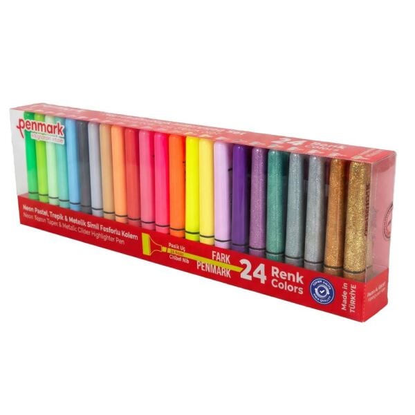 Penmark 6 Neon + 6 Tropik + 6 Simli + 6 Pastel 24'ü Fosforlu Kalem Seti