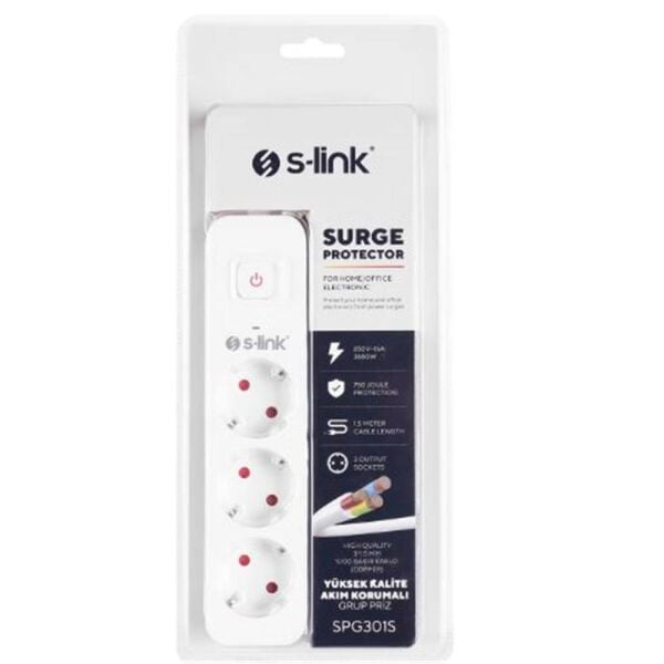 S-link SPG301S 1.5m 3x1.5mm 100 yüzde  Bakır 750 Joule 3 lü Anahtarlı Akım Korumalı Priz