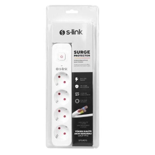 S-link SPG401S 1.5m 1.5mm 100 yüzde  Bakır 750 Joule 4 lü Anahtarlı Akım Korumalı Priz