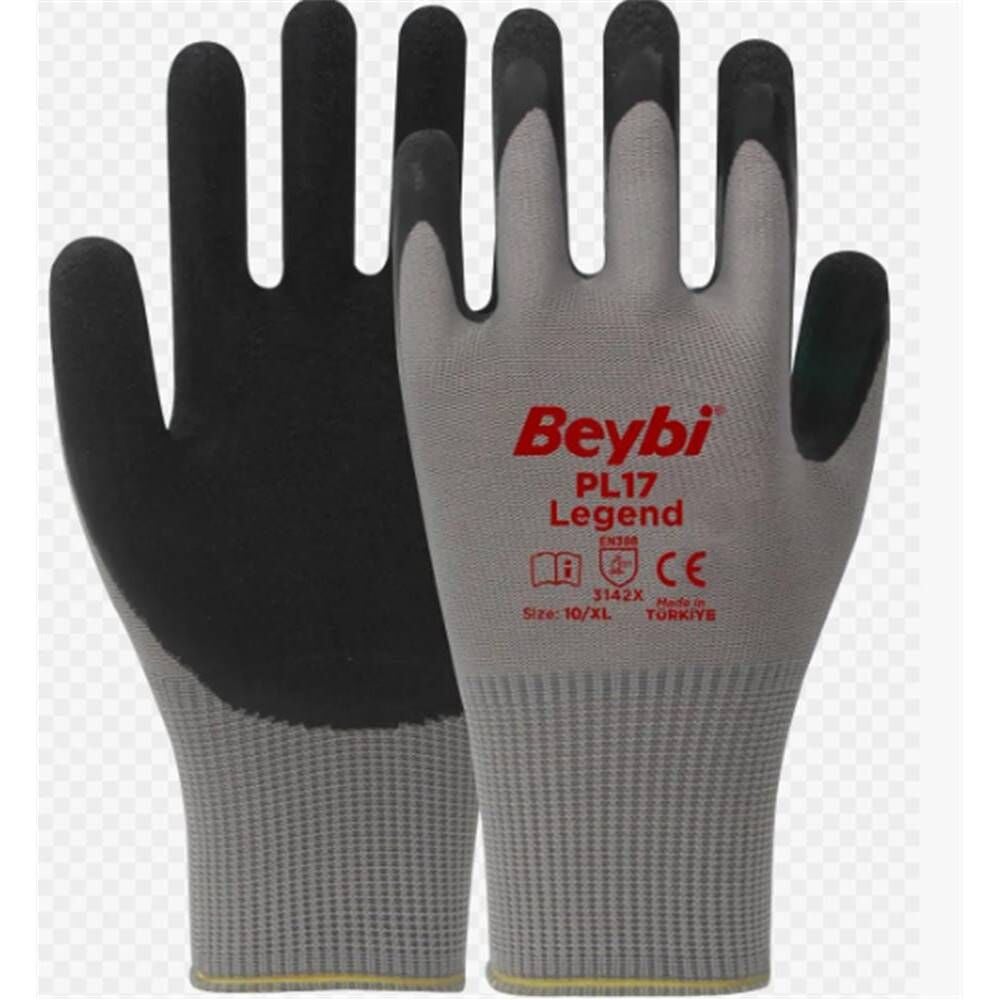 BEYBİ PL-17 10 Beden Gri-Siyah 12li Paket Legend Polyester Örme Lateks Eldiven