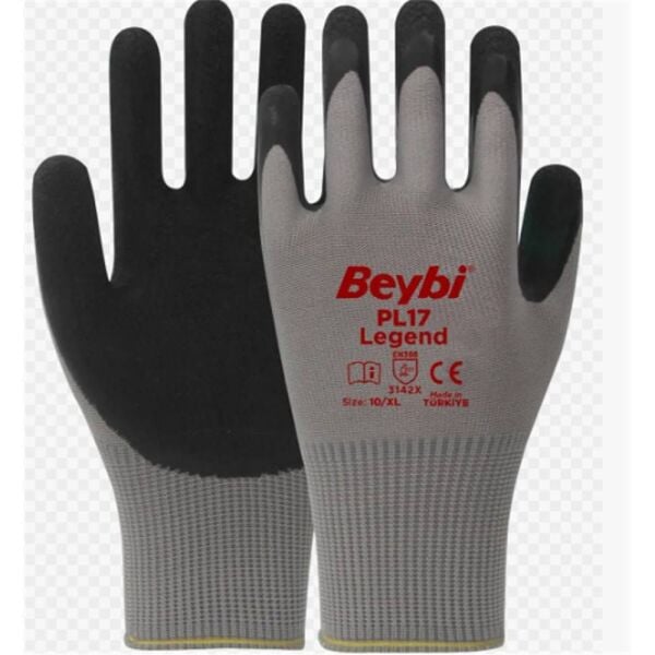 BEYBİ PL-17 10 Beden Gri-Siyah 12li Paket Legend Polyester Örme Lateks Eldiven