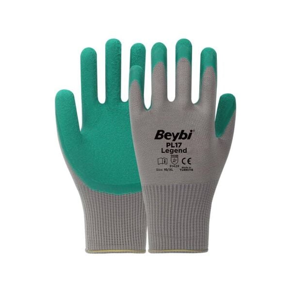 BEYBİ PL-17 10 Beden Gri-Yeşil 12li Paket Legend Polyester Örme Lateks Eldiven