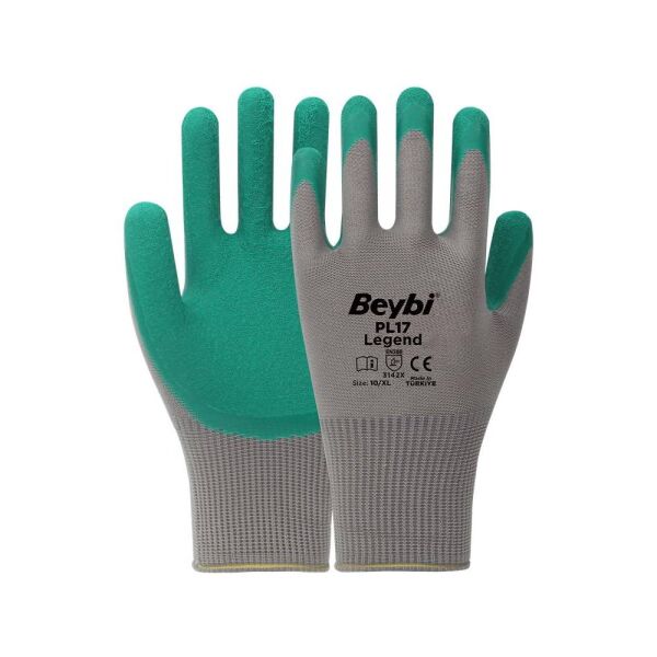 BEYBİ PL-17 10 Beden Gri-Yeşil 12li Paket Legend Polyester Örme Lateks Eldiven
