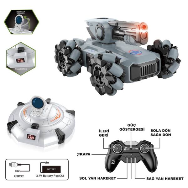 Uzaktan Kumandalı Full Fonksiyon Şarjlı 2.4G Ufo Avcısı Akrobatik Tank Araba