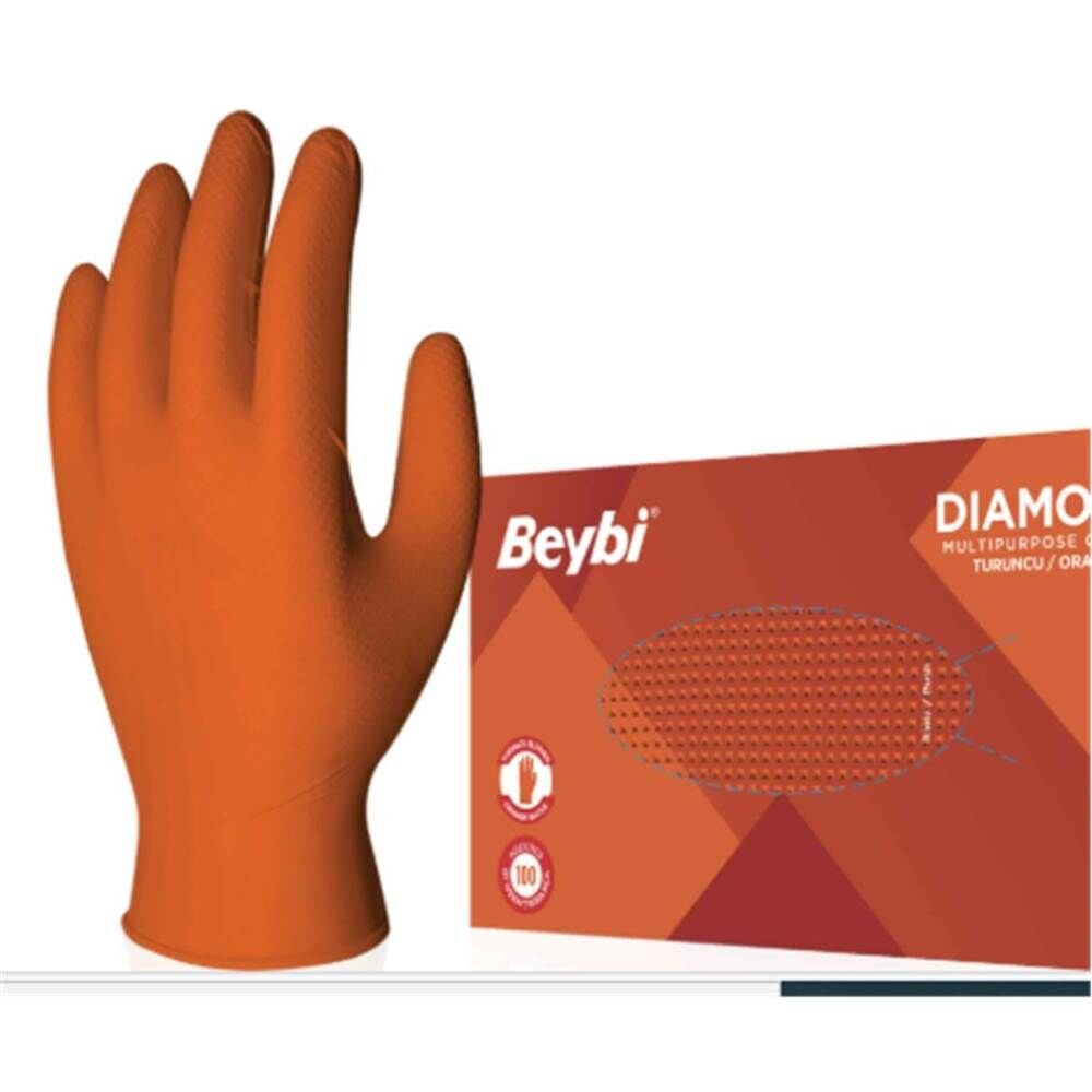 Beybi Diamond Pudrasız L Beden Kalın Turuncu Nitril Eldiven Large 100 Adet
