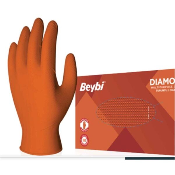 Beybi Diamond Pudrasız L Beden Kalın Turuncu Nitril Eldiven Large 100 Adet