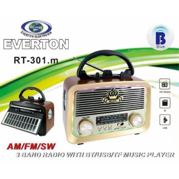 Everton RT-301.m  Bluetooth-USB-SD-FM Şarjlı,Solarlı,Ledli, Nostaljik Radyo El Fenerl Radyo