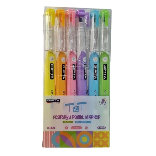 Gıpta Fosforlu Pastel Markör Kalem 6 Renk Çift Uçlu F1532